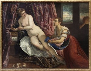Danae, i gresk mytologi, datter av Acrisios, kongen av Argos, låser han henne i frykt for oraklet som forutsier hans død av barnebarnet. Fra hans forening med Zeus som kom i form av et gullregn, ble Persee født. Maleri av Jacopo Robusti, kjent som Tin