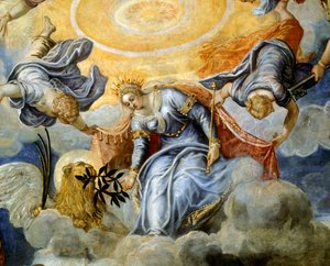 Doge Niccolo da Ponte mottar olivengren fra Venezia, av Jacopo Robusti kjent som Tintoretto (1518-1594), Detail, Sala del Maggior Consiglio (Hall of Great Council), Palazzo Ducale, Venezia av Jacopo Robusti Tintoretto