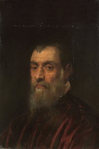 Portrett av en skjeggete mann, langs byste, i en rød kjole av Jacopo Robusti Tintoretto