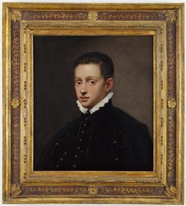 Portrett av en gutt, bystelengde, i en svart dublett med hvit krage av Jacopo Robusti Tintoretto