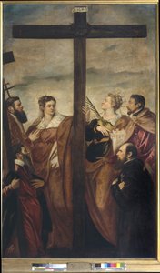 De hellige Helena, Barbara, Andrew, Macarius, en annen hellig og en hengiven tilber korset, ca. 1560 (olje på lerret) av Jacopo Robusti Tintoretto