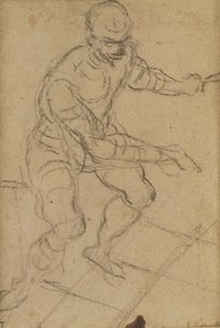 Sittende mann sett ovenfra (svart kritt på papir) (recto) (se 160813 for verso) av Jacopo Robusti Tintoretto