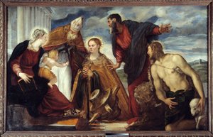 Jomfruen og barnet med Saint Catherine, Saint Augustine, Saint Mark, Saint John the Baptist Maleri av Jacopo Robusti dit Il Tontoretto (Tintoret) 1549 Søn. 1,93x3,14 m Lyon, Musee des Beaux Arts av Jacopo Robusti Tintoretto