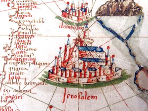 Detalj som viser Jerusalem og Damaskus fra et renessansekart over Europa, Jacopo Russo (etter), 1528