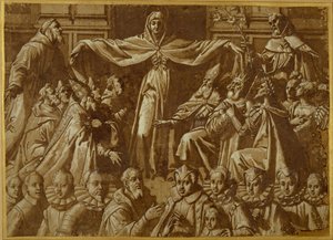 Madonna della Misericordia med Sts. Francis og Dominic, med andre helgener og herskere og en familie av givere (penn og brunt blekk med vask og hvit kroppsfarge på papir) av Jacopo Zucchi
