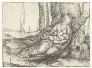 Mary med barn ved brystet sitter foran foten av et tre