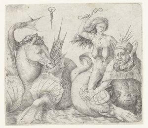 Gammel kvinne på baksiden av triton ved siden av hippocampus Fury på baksiden av triton