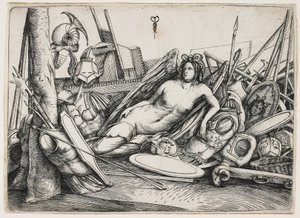 Victory Reclining blant trofeer av Jacopo de Barbari