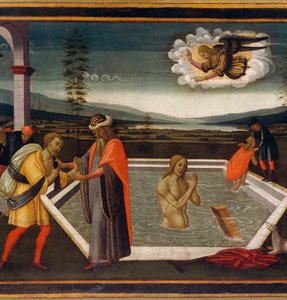 Probatic Pool, detalj med mirakel av paralytisk, av Jacopo di Arcangelo eller Jacopo del Sellaio (1442-1493), Detail