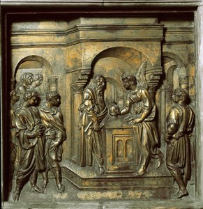 Engelen viser seg for Sakarias (bronseflis fra døpefont, ca. 1427)
