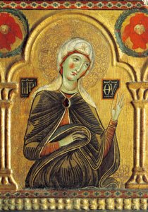 Mariafigur, fra Forløser med Madonna og tre hellige, av Meliore Toscano eller Meliore di Jacopo (ca. 1255-1285), tempera og gull på panel, 85x210 cm