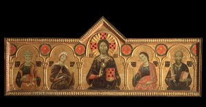 Polyptyk med forløser og helgener: Forløseren (Jesus med jomfruen, den hellige Peter, den hellige Johannes evangelisten og den hellige Paulus) - olje på panel