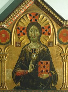 Redeemer, detalj fra Redeemer with Madonna and three Saints, av Meliore Toscano eller Meliore di Jacopo (ca. 1255-1285), tempera og gull på panel, 85x210 cm