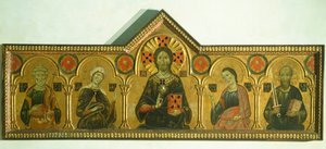 Forløseren med Madonna og tre hellige, av Meliore Toscano eller Meliore di Jacopo (ca 1255-1285), tempera og gull på panel, 85x210 cm, detalj