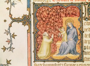 Ms Lat 18014 Jean de France (1340-1416) Hertugen av Berry ber foran jomfruen og barnet, fra Les Petites Heures de Duc de Berry, ca. 1385-90