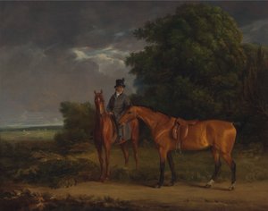 En brudgom montert på en kastanjejeger, han holder en Bay Hunter ved tøylene av Jacques-Laurent Agasse