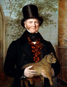 Portrett av Edward Cross, halvlang, i en svart frakk og rødrutet vest med en løveunge av Jacques Laurent Agasse