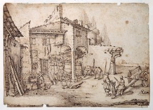 En italiensk gårdsplass (penn og brunt blekk på hvitt papir) av Jacques (after) Callot