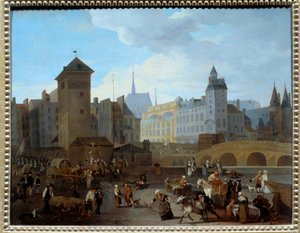 Fransk revolusjon: "" Utsikt over broen og pumpen Notre-Dame i Paris"" Pumpen matet flere parisiske fontener, scener av dagliglivet, av handelsmenn, ambulansepassasjerer som bar en såret, soldater som løp bort. Maleri av Jacques Albert Senave (1755-1 av Jacques Albert Senave