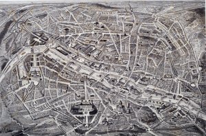 Kart over Paris i relieff og en fugleflue med sine omgivelser og festningsverk. Dyptrykk av Jacques Alphonse Testard (1810-?) Paris fra 1800-tallet, Musee Carnavalet av Jacques Alphonse (after) Testard