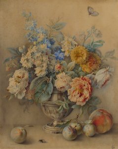 Blomster i en sølvkaster, Frukt i forgrunnen, 1700-tallet.