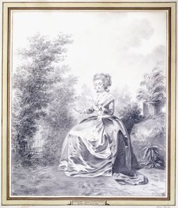 Portrett av Elisabeth Louise Vigee-Lebrun som leser et brev sittende i hagen (svart kritt) av Jacques Antoine Marie Lemoine