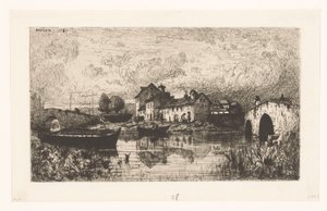 Utsikt over en landsby ved vannet med en bro til høyre og venstre av Jacques Barthélemy Appian (Adolphe)