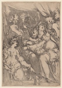 Den hellige familie med Saint Catherine, Saint John the Evangelist, and an Angel, 16121616.