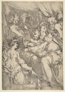 Den hellige familie med Saint Catherine, Saint John the Evangelist and an Angel, 1612-16. av Jacques Bellange