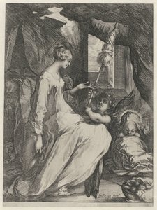 Jomfru Maria spinner med Kristusbarnet og en engel Mary med barn og en engel som holder en distaff av Jacques Bellange