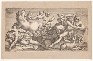 Cephalus tatt av Aurora i vognen hennes Mytologiske scener etter fresker i Palazzo Farnese i Roma (serietittel) av Jacques Belly