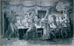 Bryllupsmiddag under revolusjonen Tegning av Jacques Bertaux (1745-1818) Paris.