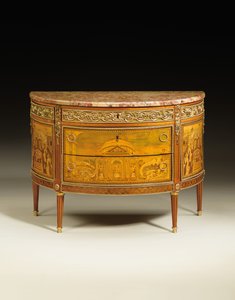 Louis XVI kommode, ca. 1770-75 (ormolu-montert tulipanved, fruktved, platan, amarant og perlemor) (se også 714754-55)
