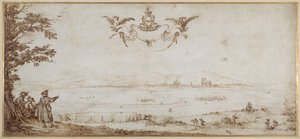 En utsikt over Toul over sletten, landskap med figurer, himmelen med armene til porseller (penn og brunt blekk på vellum) av Jacques Callot