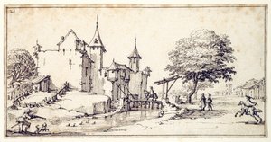 Et slott med vindebro (penn og brunt blekk på papir) av Jacques Callot