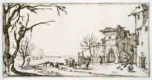 En høve blir brakt til middelalderporten til en landsby, en mann som klipper en gren, fra et album som tilhører Israel Silvestre, ca. 1630 (penn og blekk på papir) av Jacques Callot