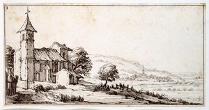 Et elvelandskap nær Nancy, med Maxeville landsbykirke og en annen i mellomdistansen, fra et album som tilhører Israel Silvestre, ca. 1630 (penn og blekk på papir) av Jacques Callot
