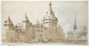 Et slott med tårn og en kirke (brun og grå vask over svart kritt på papir) av Jacques Callot