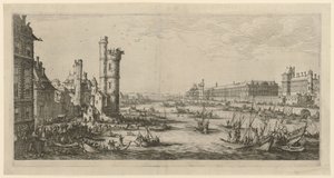 Utsikt over Louvre, blad fra serien «To store utsikter over Paris» av Jacques Callot