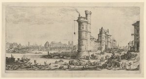Utsikt over Pont Neuf, blad fra serien «To store utsikter over Paris» av Jacques Callot