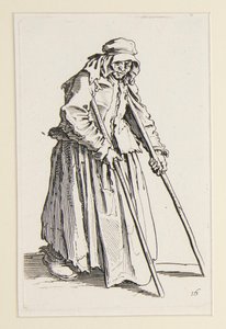 Tiggerkvinne på krykker, fra The Beggars (La mendiante aux bequilles) av Jacques Callot