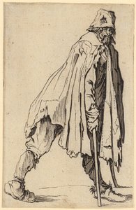 Tigger med krykker og hatt, ark 4 fra serien «Tiggerne» av Jacques Callot