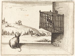 Katt som ser på burfugl av Jacques Callot