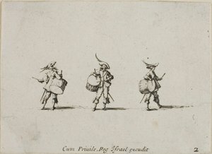 Drill med trommer, plate to fra The Military Exercises av Jacques Callot