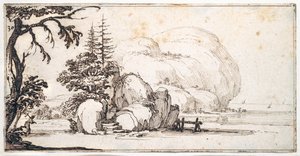 Fantastiske steiner ved kysten, bygninger ved kysten (penn og brunt blekk på papir) av Jacques Callot