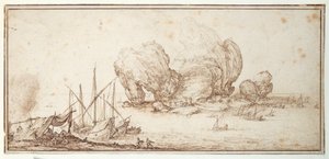 Fantastiske steiner, befestet. Shipping. Mariners bivuakk i syne av fartøyet deres (Le Grand Rocher) (penn og blekk på papir) av Jacques Callot