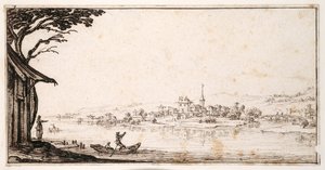 Ferge en passasjer over en elv til en liten by koblet med en bro til et slott (penn og brunt blekk på papir) av Jacques Callot