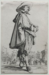 Gentleman som står i profil med knepne hender. av Jacques Callot