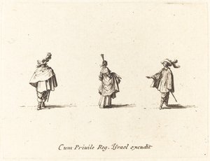 Dame med kjole samlet, og to herrer av Jacques Callot