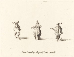 Dame med utstrakt arm, og to herrer av Jacques Callot